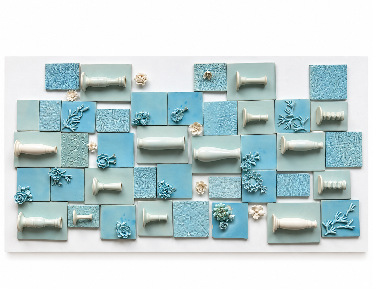 Aqua Bloom Ceramic Wall Tile Composition (Framing & Crafting Included)