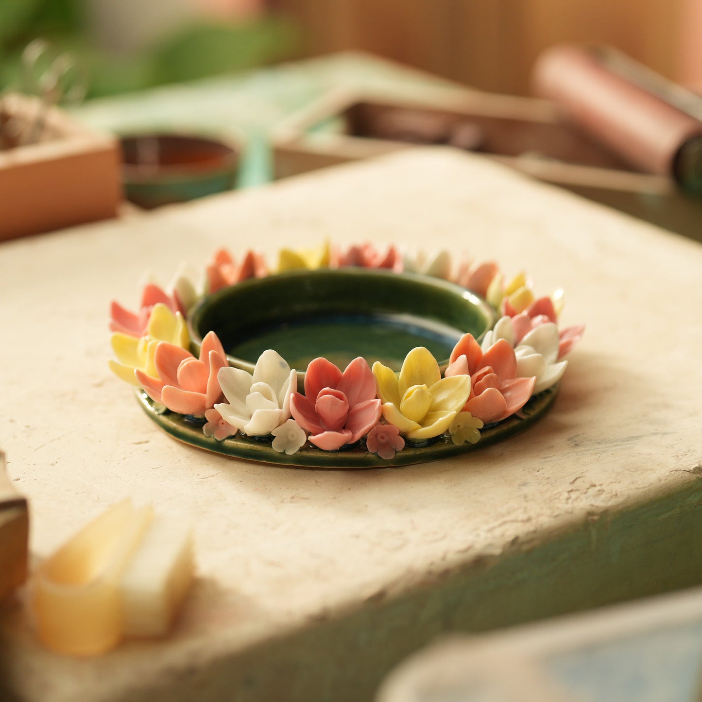 Floral Wreath Glass Tea Light Candle Holder