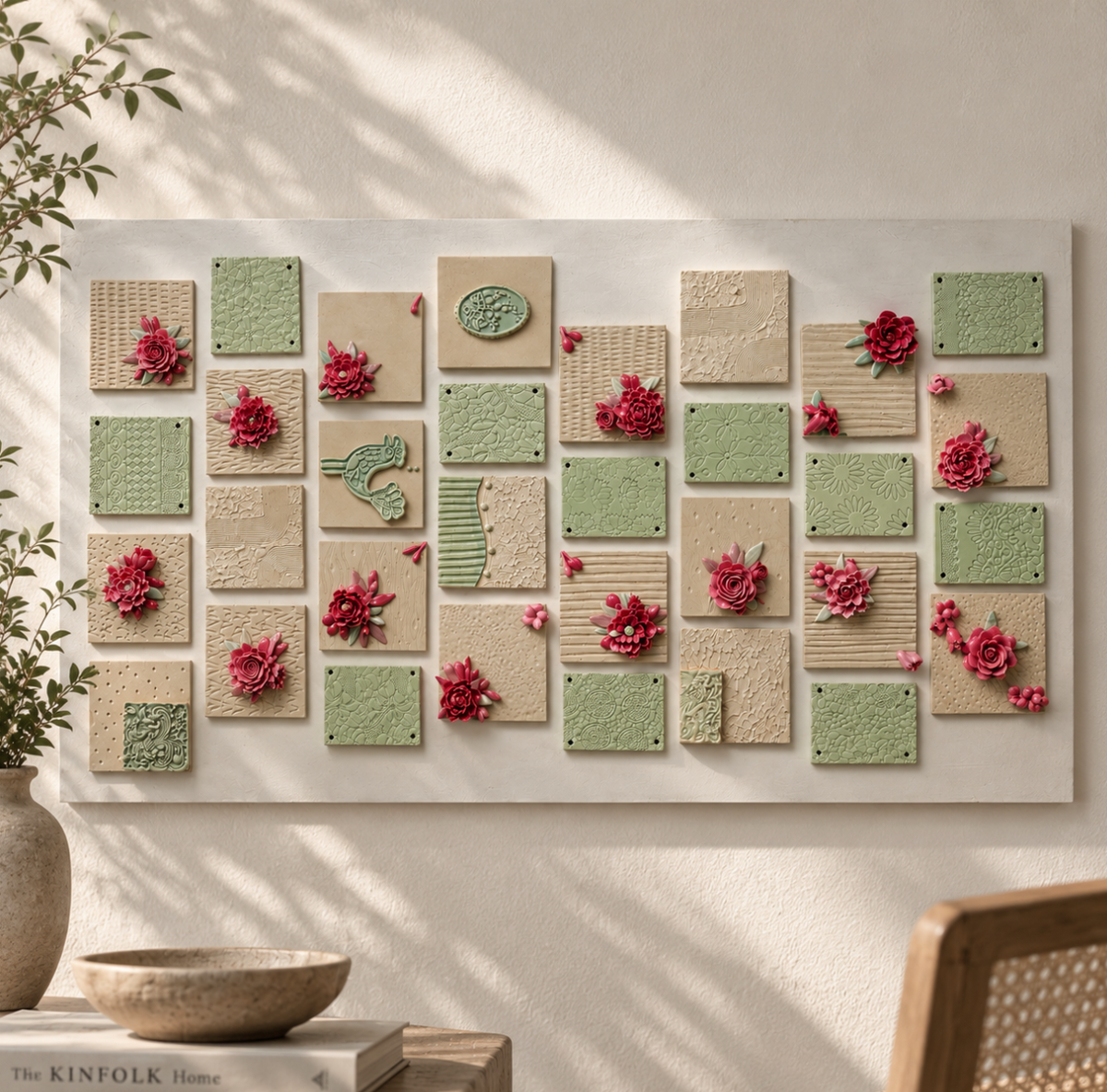 Sage and Rose Ceramic Tile Composition (Framing & Crafting Included)