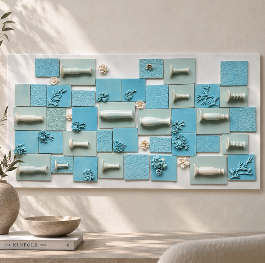 Aqua Bloom Ceramic Wall Tile Composition (Framing & Crafting Included)